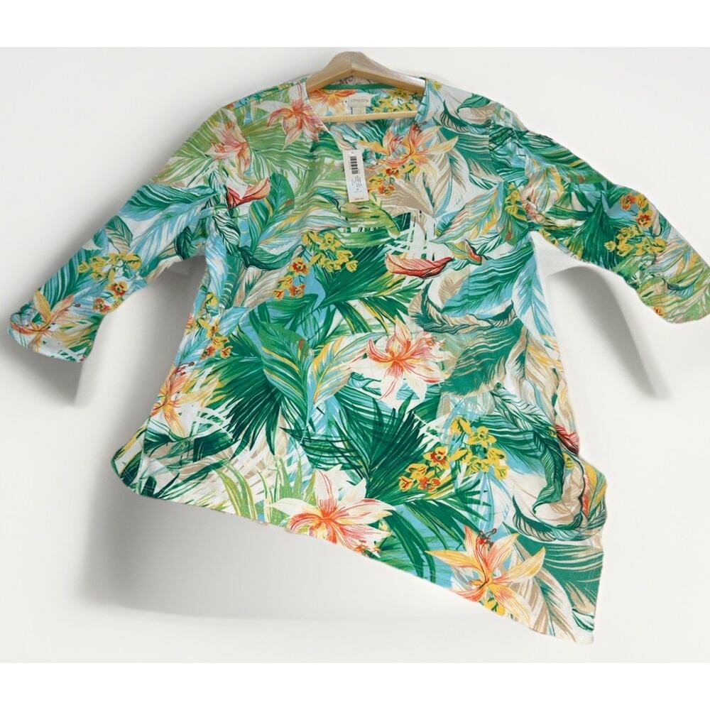 Chicos Top Womens 2 US Large Green Hawaiian Floral Asymmetrical Hem Tee NWT - Picture 1 of 9